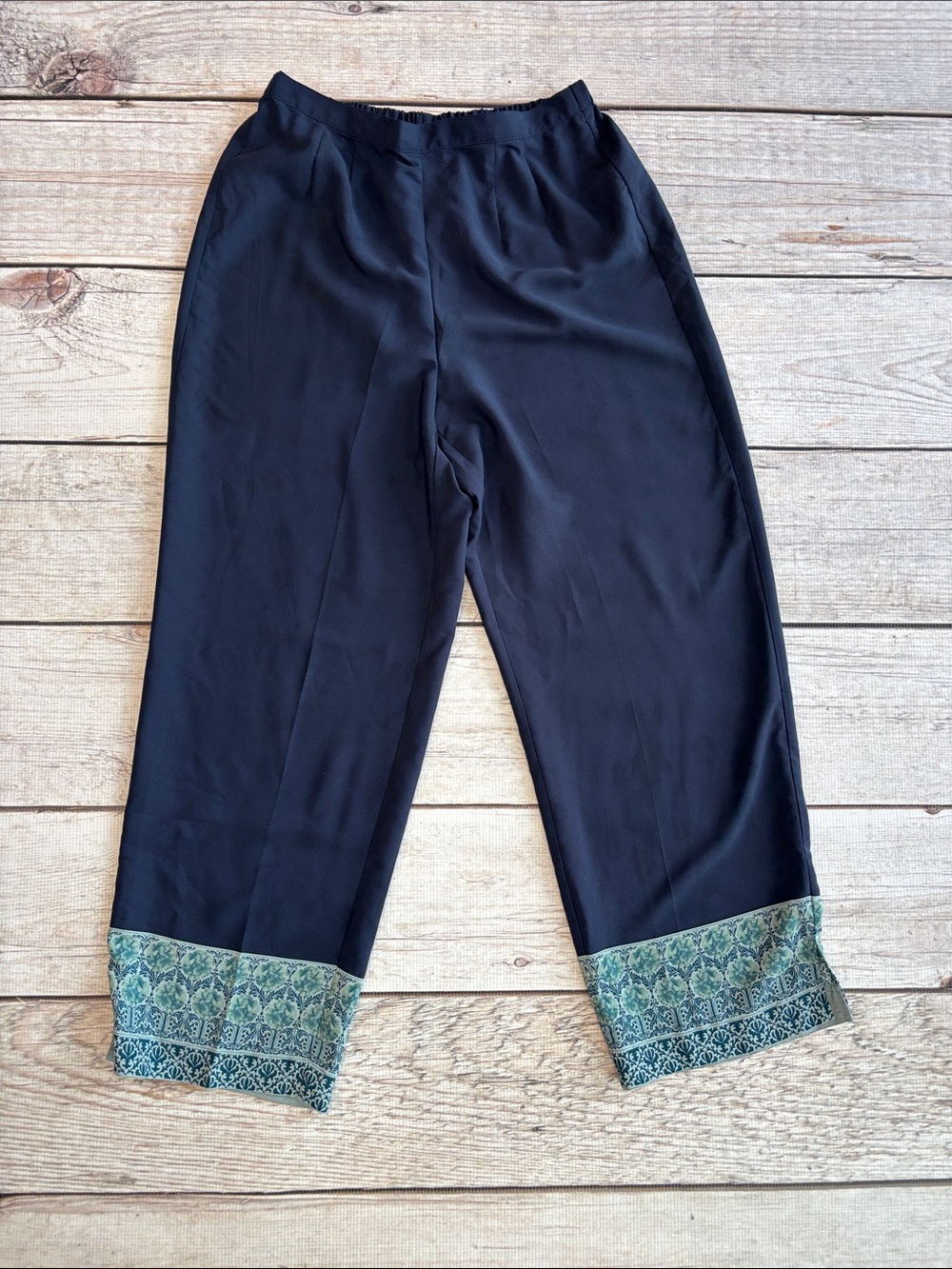 Women's Navy Wide-Leg Pants with Green Patterned Cuffs
